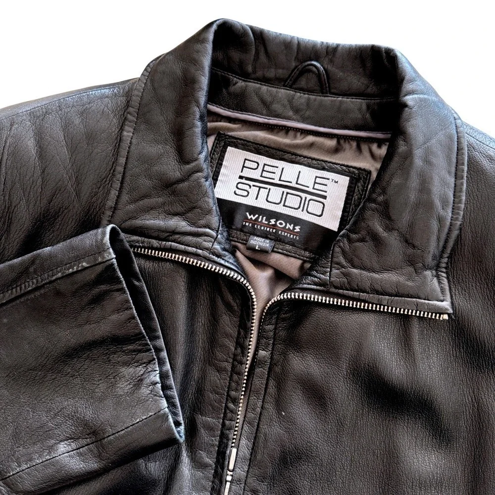 Vintage Leather Belted Jacket Womens Size L Wilsons Pelle Studio Black Full Zip